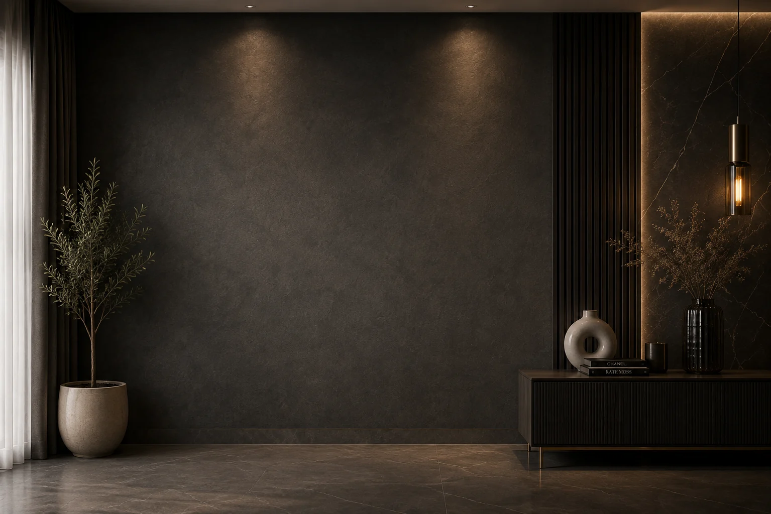Dark textured feature wall in a modern luxury interior, styled with Silver Walls wall finishes